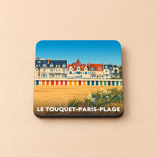 Dessous de verre souvenir de la ville de Le Touquet-Paris-Plage avec une illustration stylisée de son front de mer.
