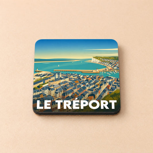 Dessous de verre souvenir de la ville de Le Tréport avec une illustration stylisée.