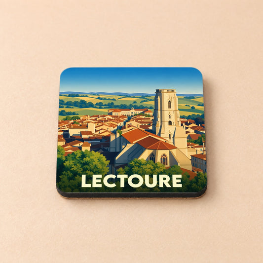Dessous de verre souvenir de la ville de Lectoure avec une illustration stylisée.