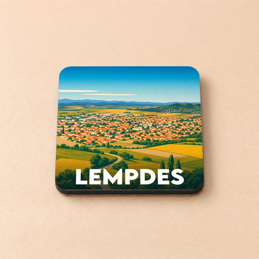 Dessous de verre souvenir de la ville de Lempdes avec une illustration stylisée.