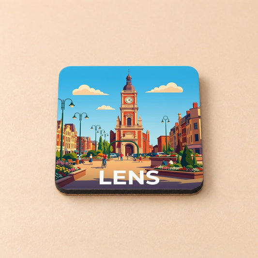 Dessous de verre souvenir de la ville de Lens avec une illustration stylisée de sa place centrale et son clocher.