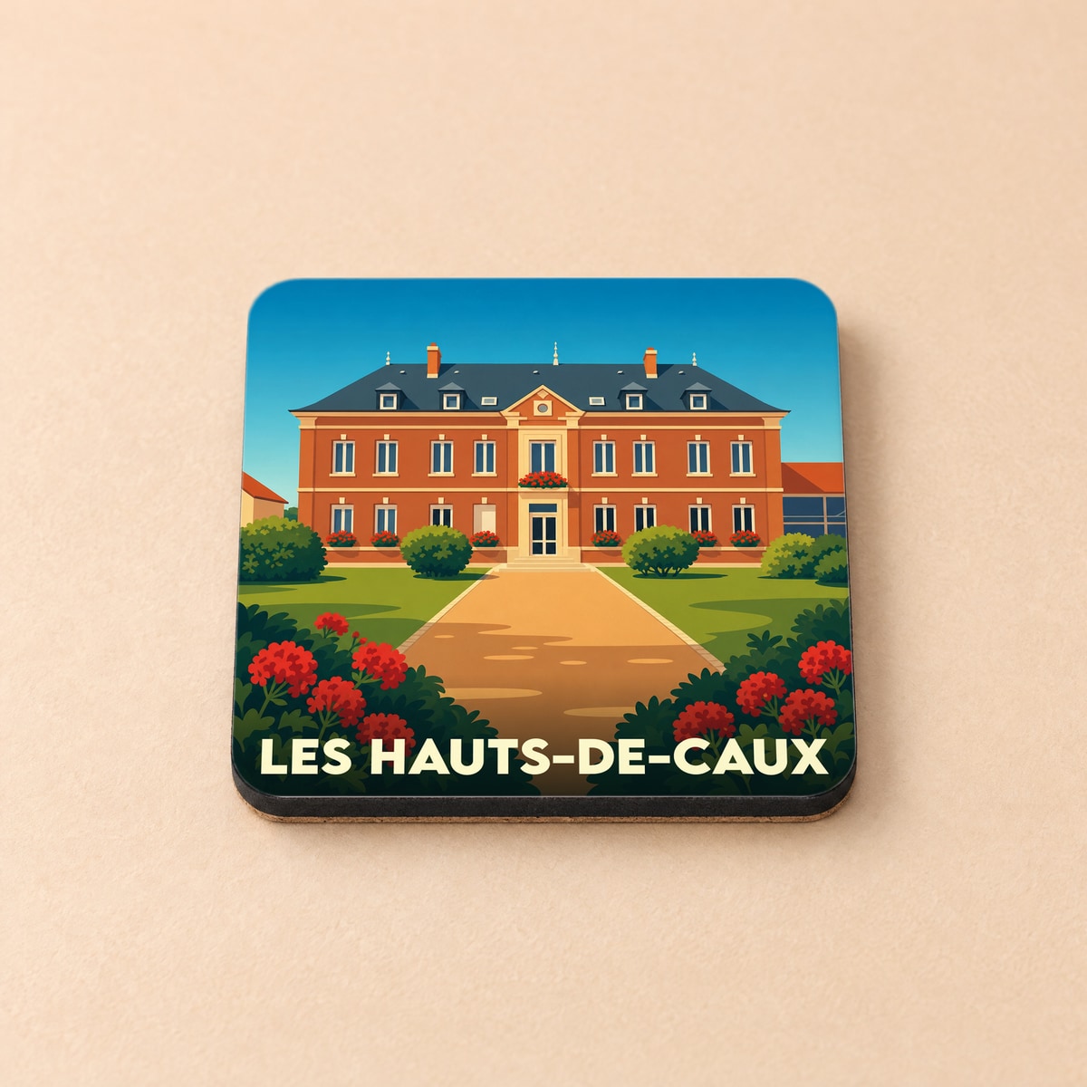 Dessous de verre souvenir de la ville de Les Hauts-de-Caux avec une illustration stylisée d'un château.