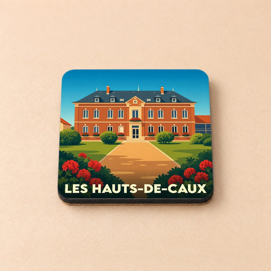 Dessous de verre souvenir de la ville de Les Hauts-de-Caux avec une illustration stylisée d'un château.