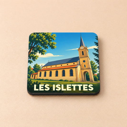 Dessous de verre souvenir de la ville de Les Islettes avec une illustration stylisée d'une église.