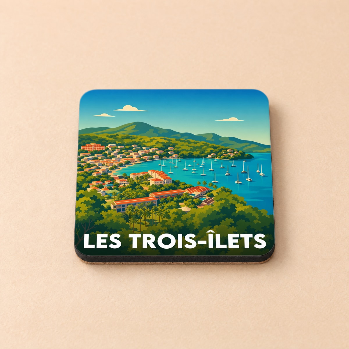 Dessous de verre souvenir de la ville de Les Trois-Îlets avec une illustration stylisée.