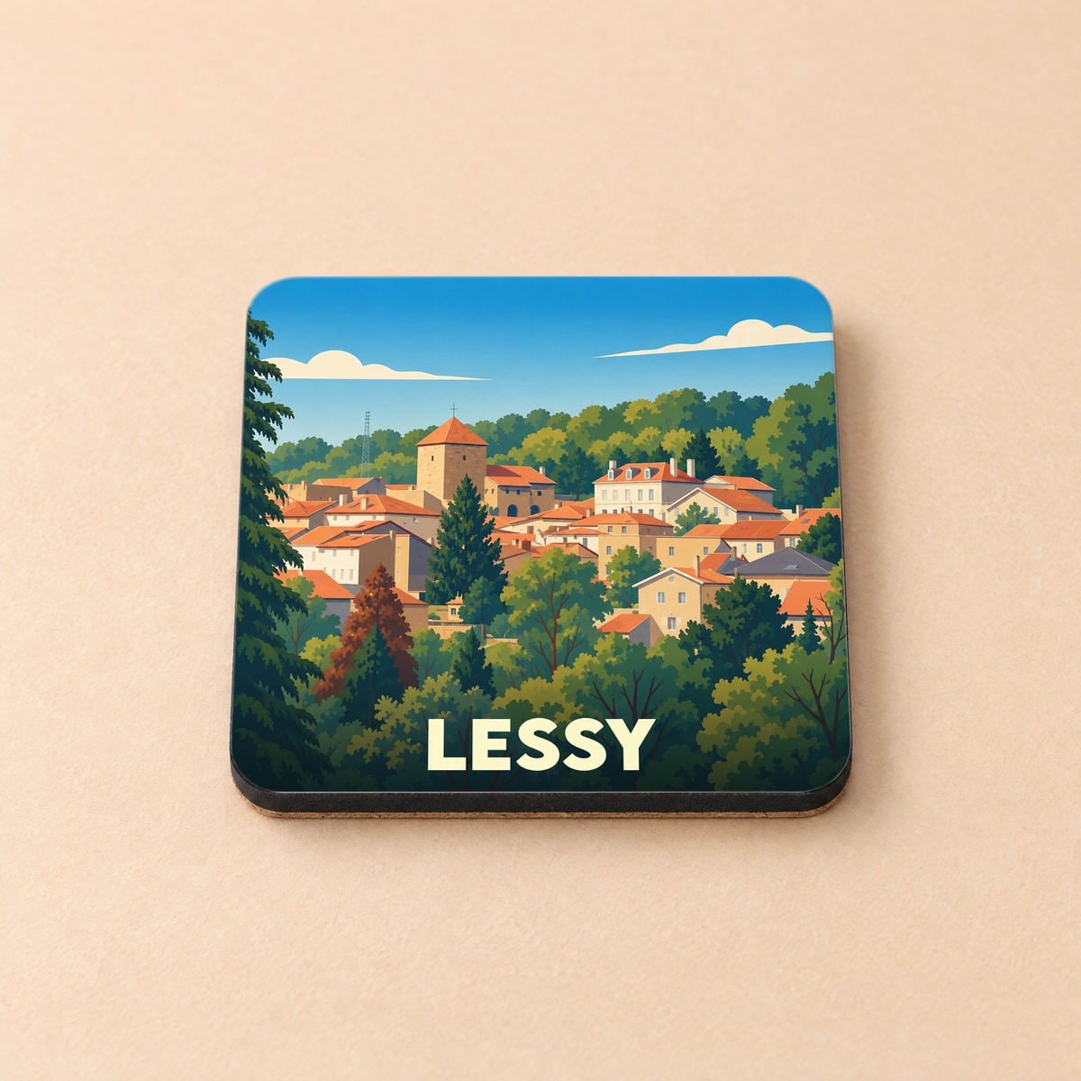 Dessous de verre souvenir de la ville de Lessy avec une illustration stylisée.
