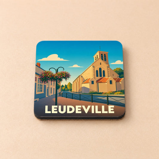 Dessous de verre souvenir de la ville de Leudeville avec une illustration stylisée.