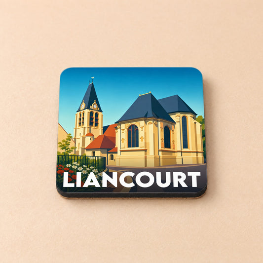 Dessous de verre souvenir de la ville de Liancourt avec une illustration stylisée de son église.