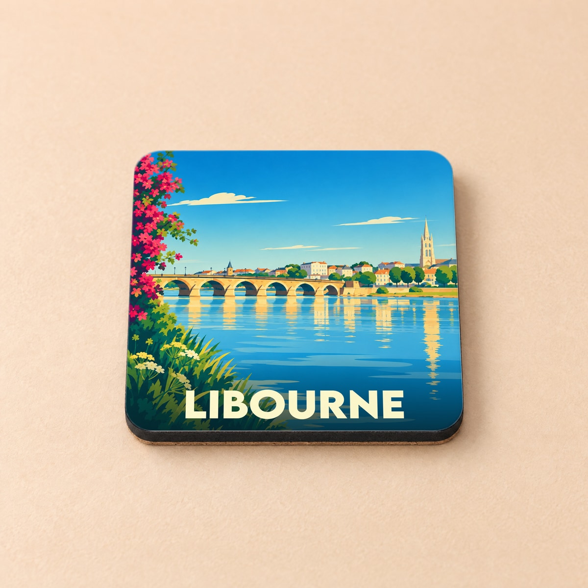 Dessous de verre souvenir de la ville de Libourne avec une illustration stylisée des bords de la Dordogne.