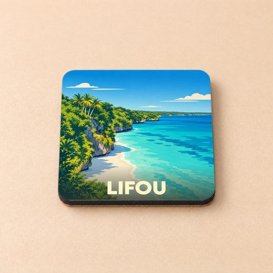 Dessous de verre souvenir de la ville de Lifou avec une illustration stylisée d'un littoral paradisiaque.