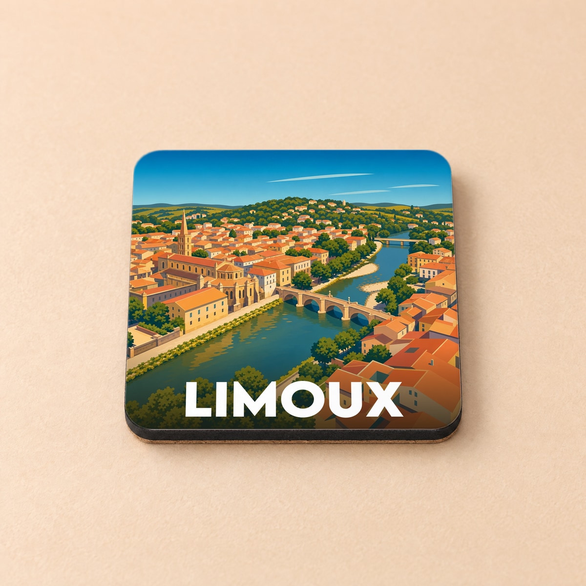 Dessous de verre souvenir de la ville de Limoux avec une illustration stylisée.