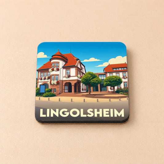 Dessous de verre souvenir de la ville de Lingolsheim avec une illustration stylisée de son hôtel de ville.