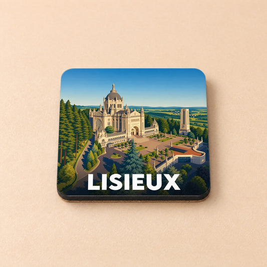 Dessous de verre souvenir de la ville de Lisieux avec une illustration stylisée de sa basilique.