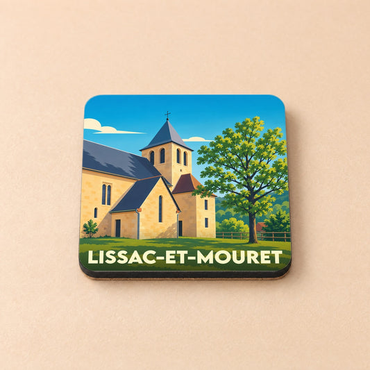 Dessous de verre souvenir de la ville de Lissac-et-Mouret avec une illustration stylisée de son église.