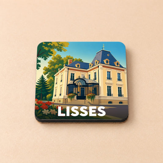 Dessous de verre souvenir de la ville de Lisses avec une illustration stylisée de l'hôtel de ville.