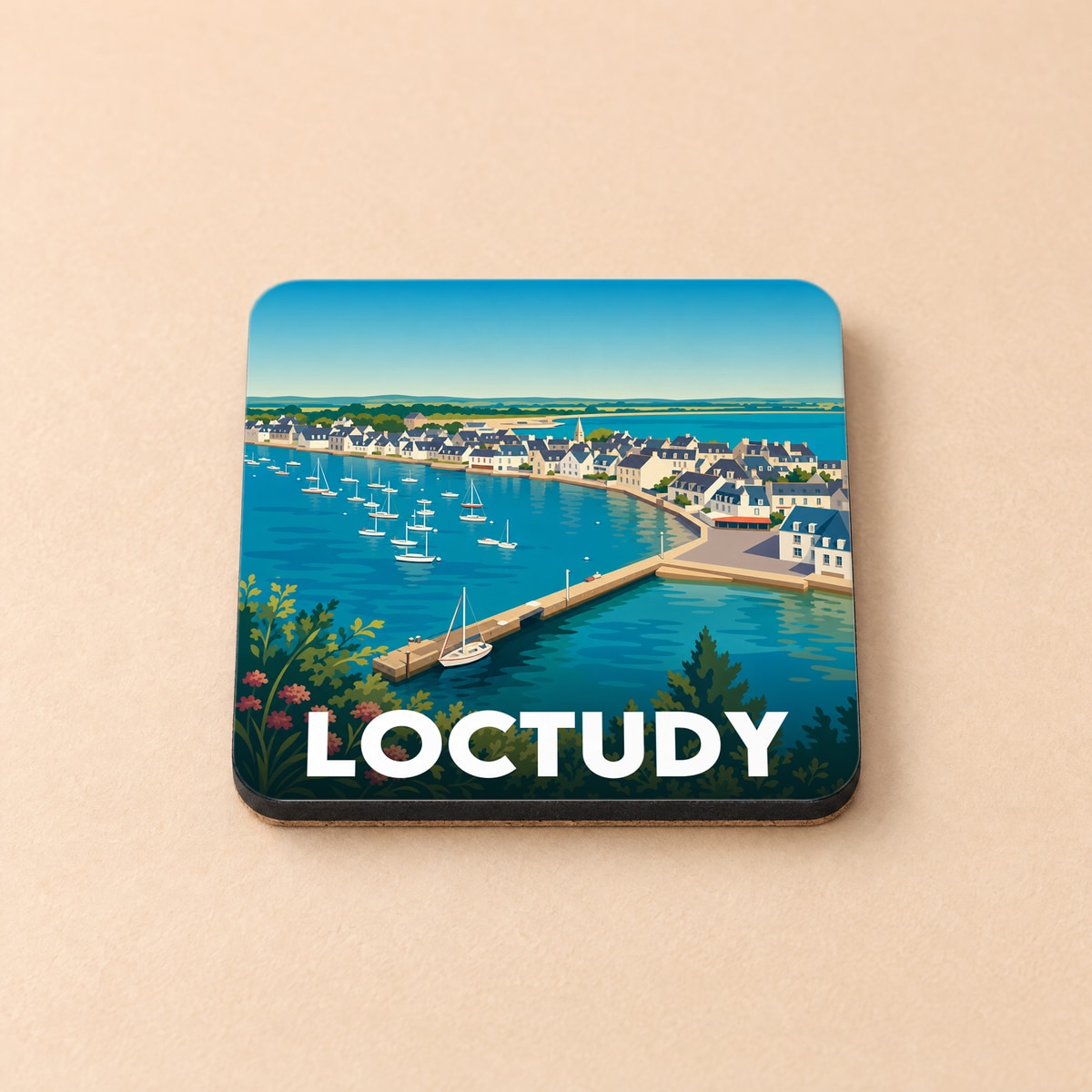 Dessous de verre souvenir de la ville de Loctudy avec une illustration stylisée de son port et de ses bateaux.