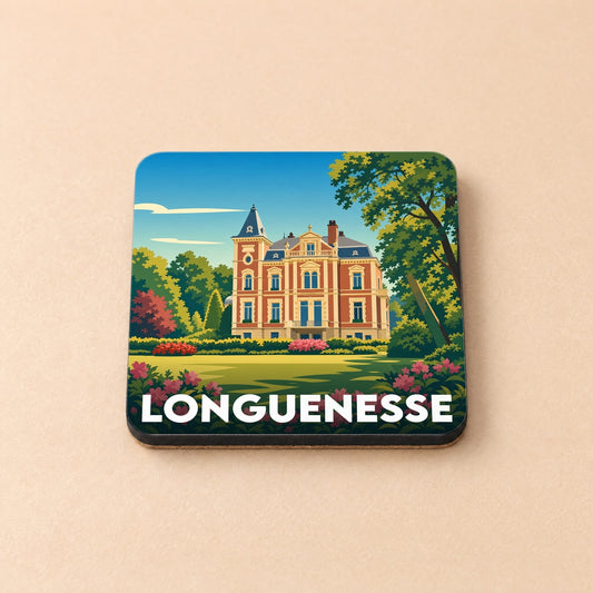 Dessous de verre souvenir de la ville de Longuenesse avec une illustration stylisée d'un château entouré de jardins.
