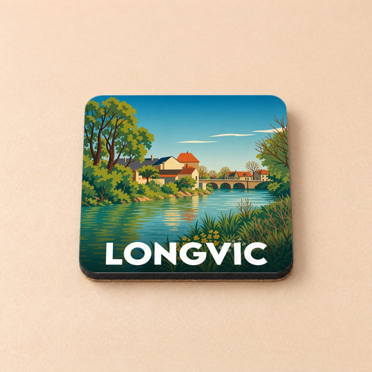 Dessous de verre souvenir de la ville de Longvic avec une illustration stylisée d'un paysage fluvial.
