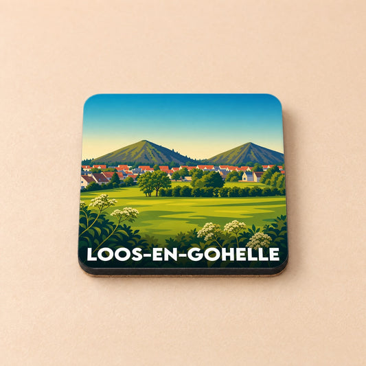 Dessous de verre souvenir de la ville de Loos-en-Gohelle avec une illustration stylisée de ses terrils et de sa campagne.
