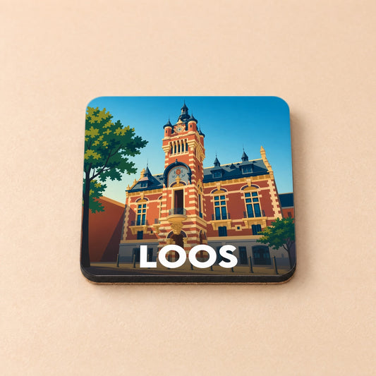 Dessous de verre souvenir de la ville de Loos avec une illustration stylisée de son hôtel de ville.