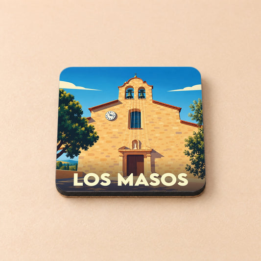 Dessous de verre souvenir de la ville de Los Masos avec une illustration stylisée de son église.