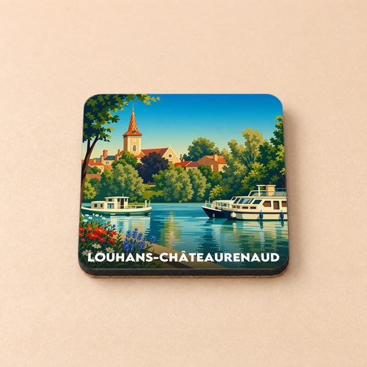 Dessous de verre souvenir de la ville de Louhans-Châteaurenaud avec une illustration stylisée des bords de Seille.