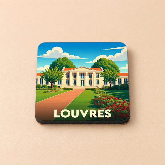 Dessous de verre souvenir de la ville de Louvres avec une illustration stylisée.