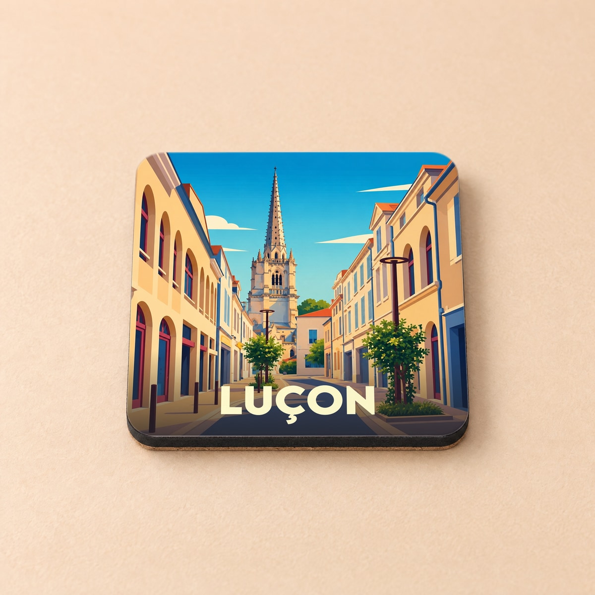 Dessous de verre souvenir de la ville de Luçon illustrant une rue menant à la cathédrale dans un style rétro.