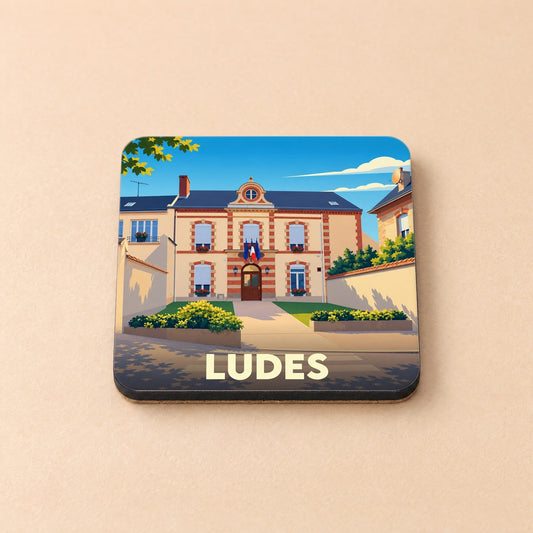 Dessous de verre souvenir de la ville de Ludes avec une illustration stylisée de sa mairie.