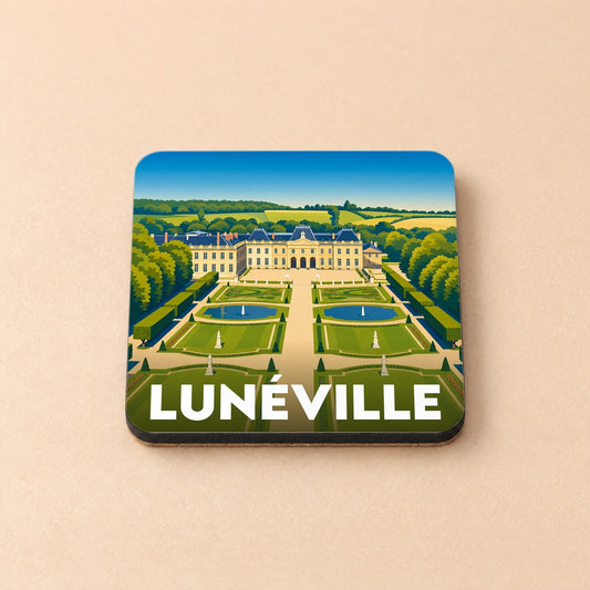 Dessous de verre souvenir de la ville de Lunéville avec une illustration stylisée de son château et ses jardins.