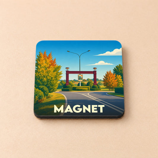 Dessous de verre souvenir de la ville de Magnet avec une illustration stylisée de son entrée de ville.