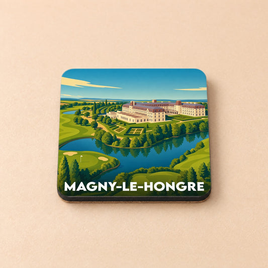 Dessous de verre souvenir de la ville de Magny-le-Hongre avec une illustration stylisée d'un domaine et de son parcours de golf.