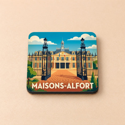 Dessous de verre souvenir de la ville de Maisons-Alfort avec une illustration stylisée de son hôtel de ville.