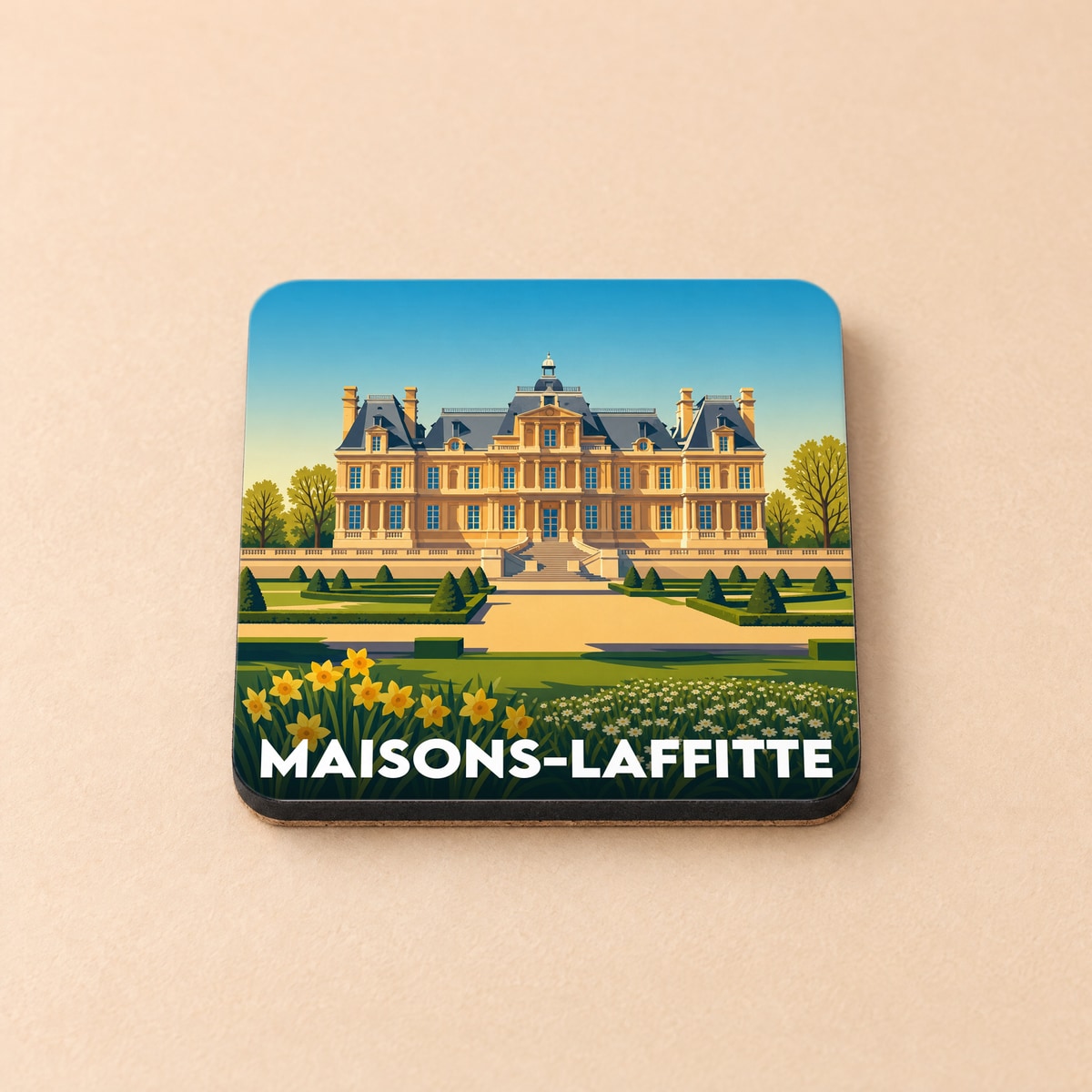 Dessous de verre souvenir de la ville de Maisons-Laffitte illustrant son château dans un style graphique épuré.