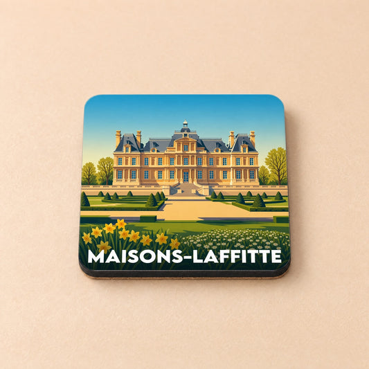 Dessous de verre souvenir de la ville de Maisons-Laffitte illustrant son château dans un style graphique épuré.