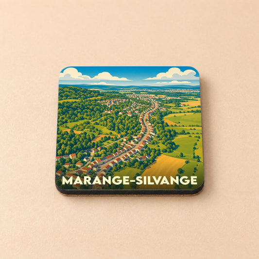 Dessous de verre souvenir de la ville de Marange-Silvange avec une illustration paysagère stylisée.