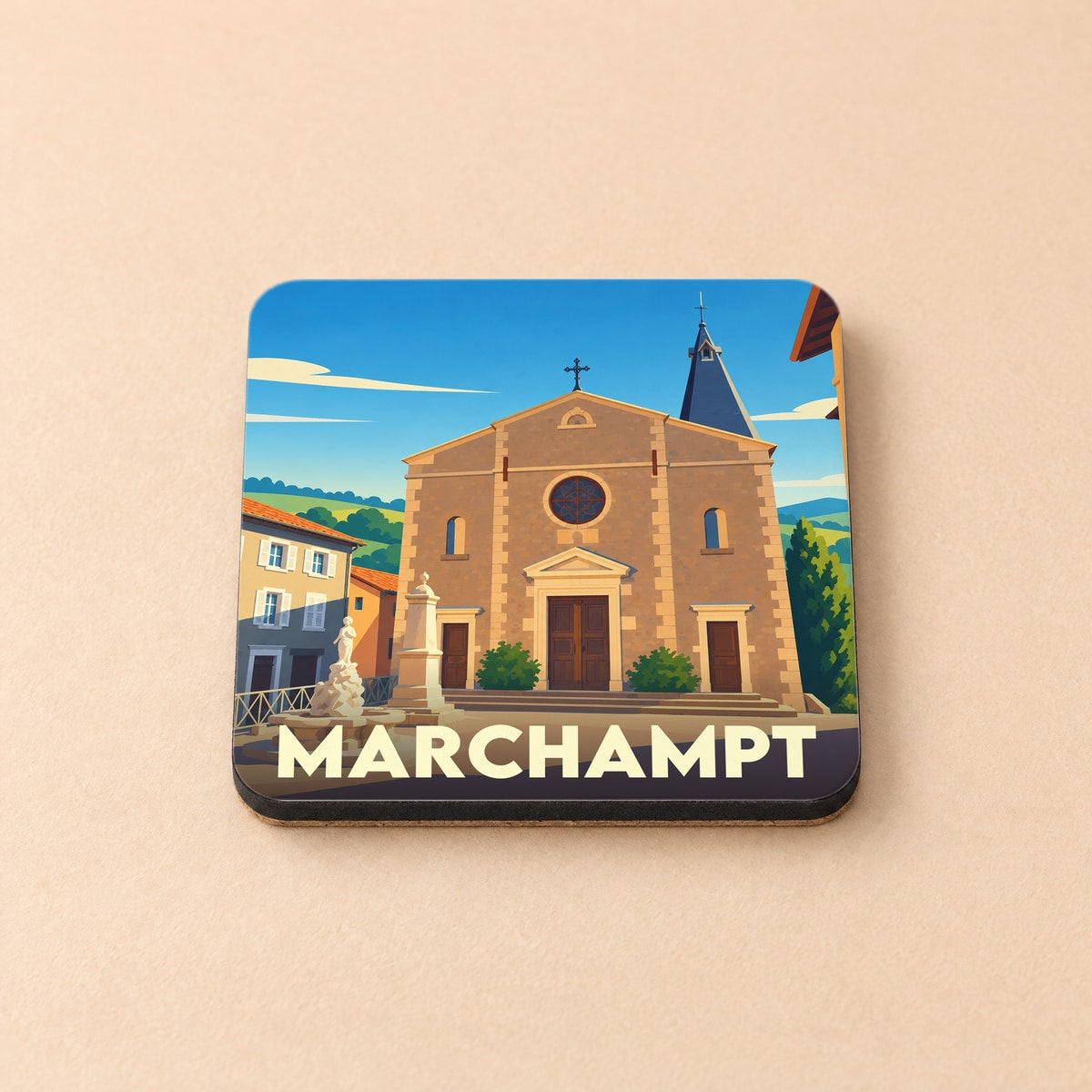 Dessous de verre souvenir de la ville de Marchampt avec une illustration stylisée de son église.
