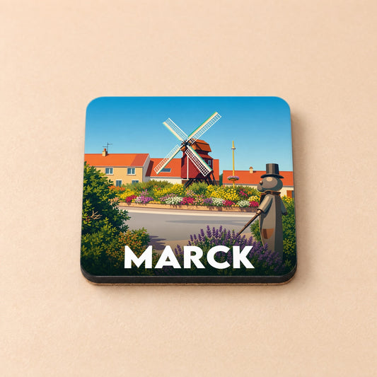 Dessous de verre souvenir de la ville de Marck avec une illustration stylisée d'un moulin et d'un géant.