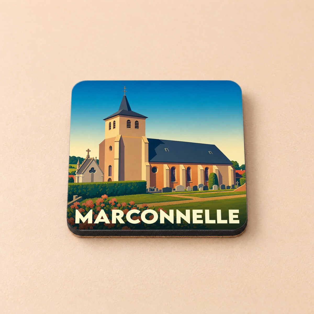 Dessous de verre souvenir de la ville de Marconnelle avec une illustration stylisée de son église.