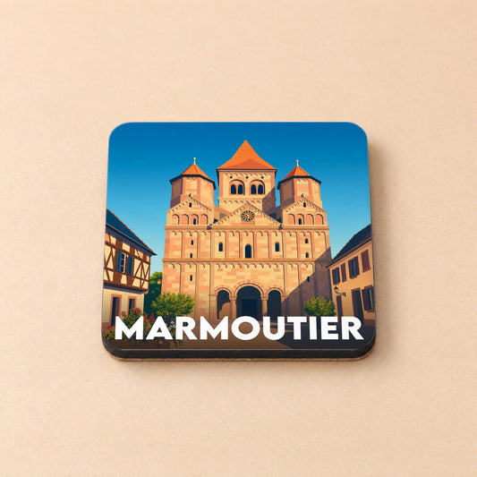 Dessous de verre souvenir de la ville de Marmoutier avec une illustration stylisée de son église abbatiale.