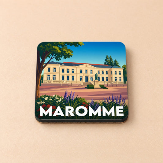 Dessous de verre souvenir de la ville de Maromme avec une illustration stylisée de son hôtel de ville.
