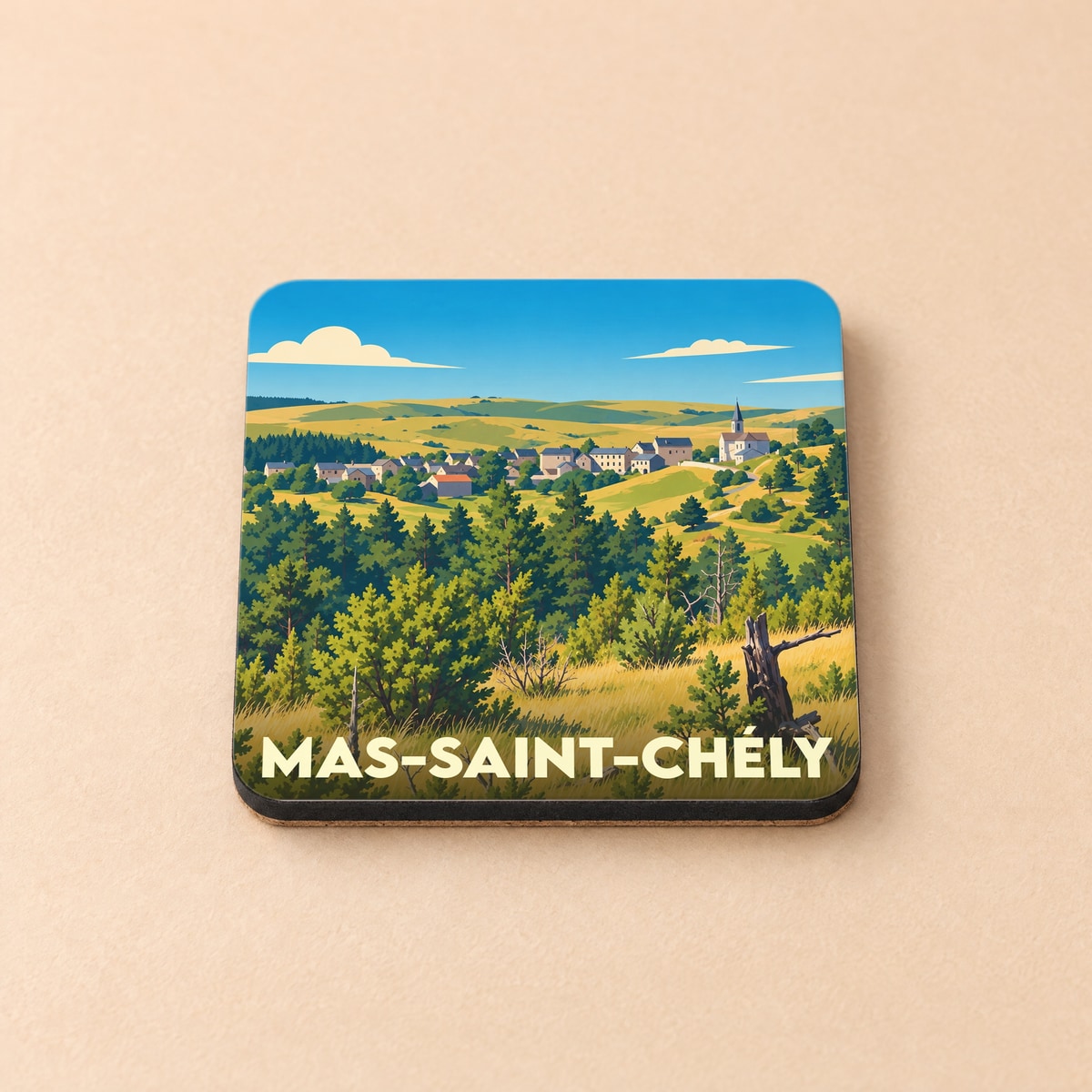 Dessous de verre souvenir de Mas-Saint-Chély avec une illustration stylisée du village et de sa nature environnante.