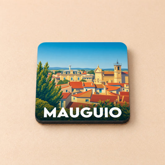 Dessous de verre souvenir de la ville de Mauguio avec une illustration stylisée de ses toits et monuments.