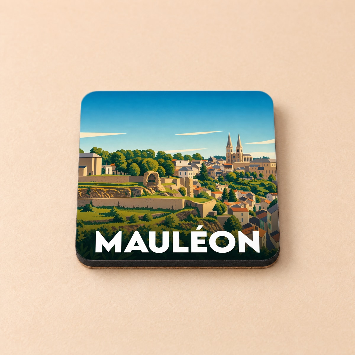 Dessous de verre souvenir de la ville de Mauléon avec une illustration stylisée.