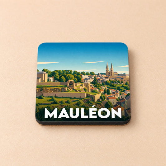 Dessous de verre souvenir de la ville de Mauléon avec une illustration stylisée.
