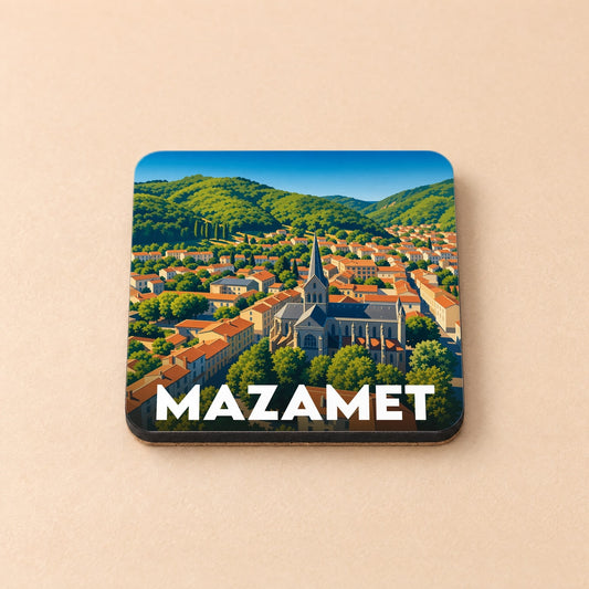 Dessous de verre souvenir de la ville de Mazamet illustré d'une vue aérienne stylisée.