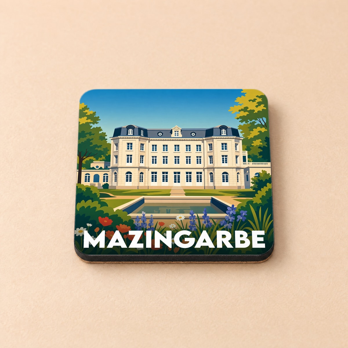 Dessous de verre souvenir de la ville de Mazingarbe illustré d'un château majestueux et de ses jardins.