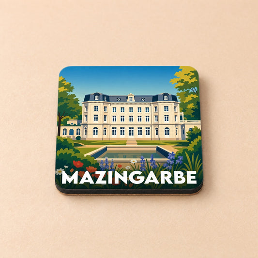 Dessous de verre souvenir de la ville de Mazingarbe illustré d'un château majestueux et de ses jardins.