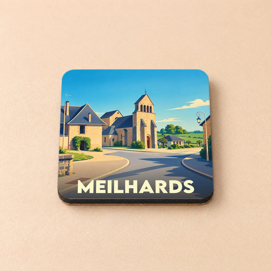 Dessous de verre souvenir de la ville de Meilhards avec une illustration stylisée.