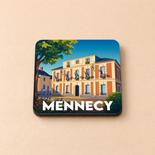 Dessous de verre souvenir de la ville de Mennecy avec une illustration stylisée de la mairie.